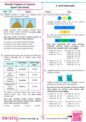 Test 10 - Zihinden Toplama ve Çıkarma İşlemi ve Tahmin