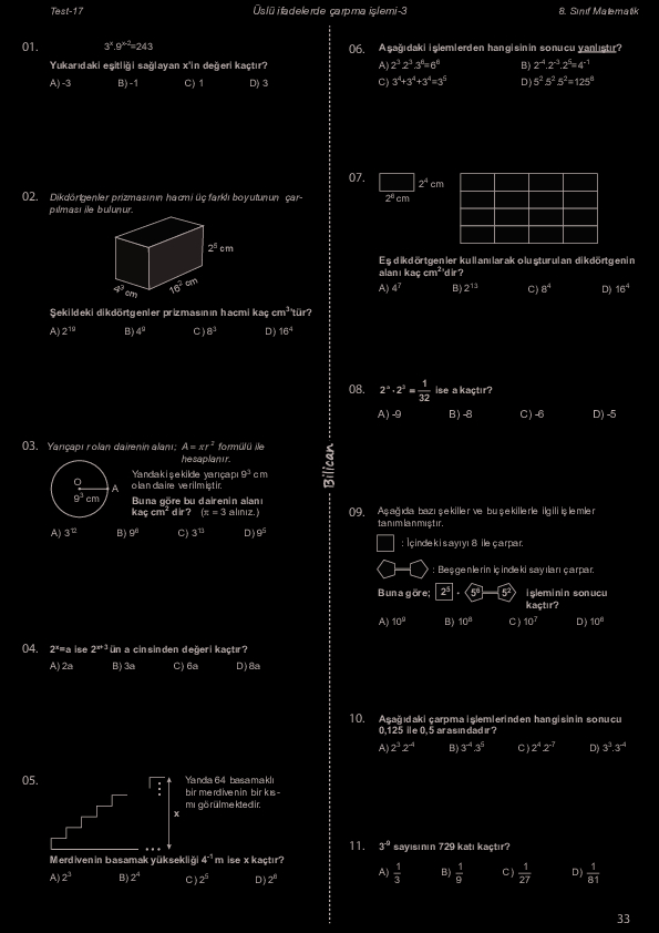 8 S n f Matematik B1 Test 17 sl Ifadelerde arpma I lemi 3 Yaprak 