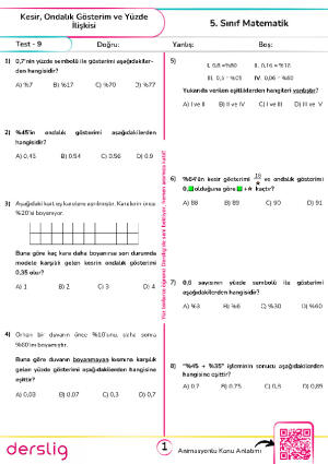 Test - 9 Kesir, Ondalık Gösterim ve Yüzde İlişkisi