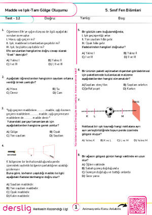 Test 12 - Madde ve Işık - Tam Gölge oluşumu
