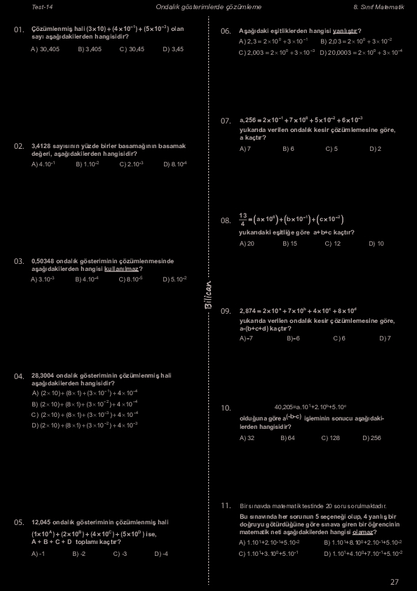 8 S n f Matematik B1 Test 14 Ondal k G sterimlerde z mleme Yaprak 