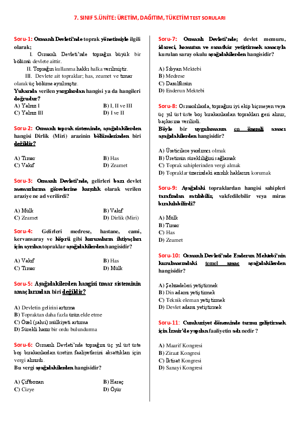 7. Sınıf Sosyal Bilgiler 7.Sınıf Sosyal Bilgiler 5.Ünite Test Soruları ...