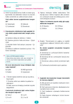 Demokrasi ve Cumhuriyetin Temel Nitelikleri Yaprak Testi (Maarif Model)