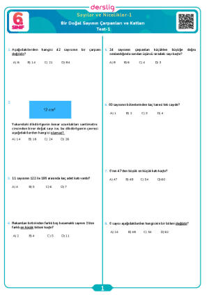 Bir Doğal Sayının Çarpanları ve Katları Test-1