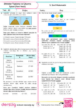 Test 10 - Zihinden Toplama ve Çıkarma İşlemi ve Tahmin (Yeni Nesil)
