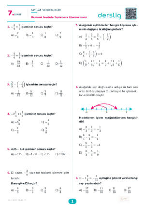 Rasyonel Sayılarla Toplama ve Çıkarma İşlemi Yaprak Testi (Maarif Model)