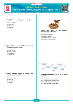 Hayvanlarda Üreme, Büyüme ve Gelişme Test- 1