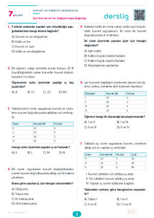 İşin Kuvvet ve Yer Değiştirmeye Bağlılığı Yaprak Testi (Maarif Model)