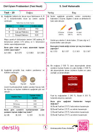 Test 19 - Dört İşlem Problemleri (Yeni Nesil)