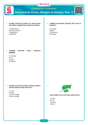 Hayvanlarda Üreme, Büyüme ve Gelişme Test- 2