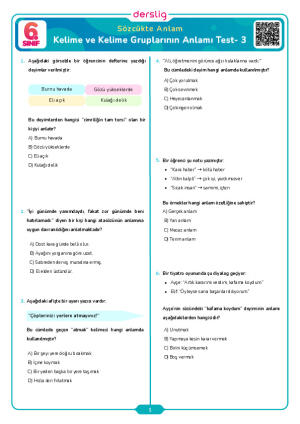 Kelime ve Kelime Gruplarının Anlamı Test- 3