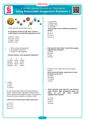 Güneş Sistemindeki Gezegenlerin Özellikleri Test- 1