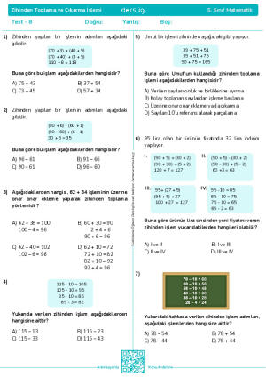 Test 8 - Zihinden Toplama ve Çıkarma İşlemi