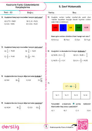 Test - 13 Kesirlerin Farklı Gösterimlerini Karşılaştırma