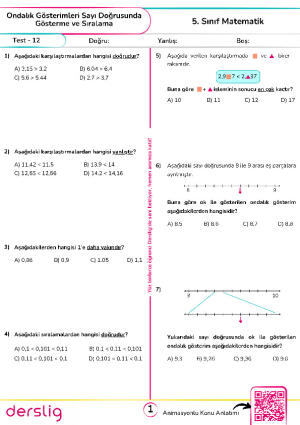 Test - 12 Ondalık Gösterimleri Sayı Doğrusunda Gösterme ve Sıralama