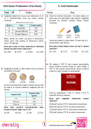 Test 19 - Dört İşlem Problemleri (Yeni Nesil)