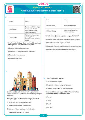 Anadolu'nun Yurt Edinme Süreci Test- 3
