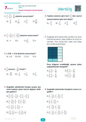 Rasyonel Sayılarla Çarpma İşlemi Yaprak Testi (Maarif Model)