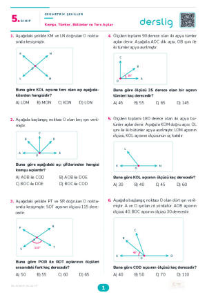 Komşu, Tümler, Bütünler ve Ters Açılar Yaprak Testi (Maarif Model)
