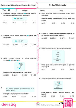 Test 16 - Çarpma ve Bölme İşlemi Arasındaki İlişki