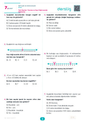 Tam Sayıları Tanıma ve Sayı Doğrusunda Gösterme Yaprak Testi (Maarif Model)
