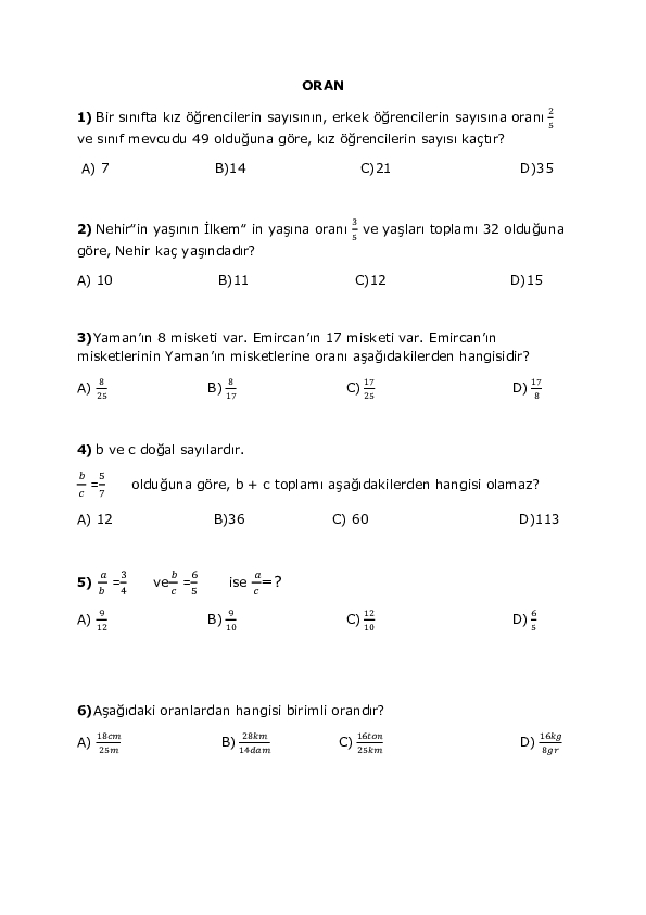 6. Sınıf Matematik ORAN Yaprak Test - Derslig