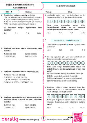 Test 4 - Doğal Sayıları Karşılaştırma ve Sıralama