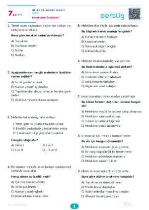 Meleklerin Özellikleri Yaprak Testi (Maarif Model)
