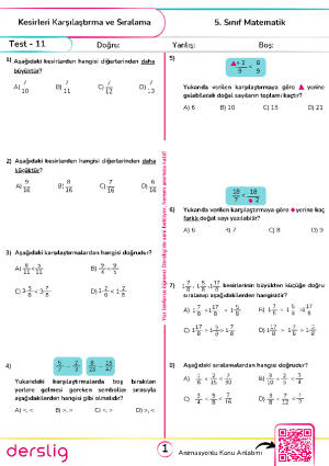 Test -11 Kesirleri Karşılaştırma ve Sıralama