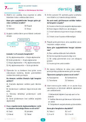 Din Kültürü Görülen ve Görülemeyen Varlıklar Yaprak Testi (Maarif Model)