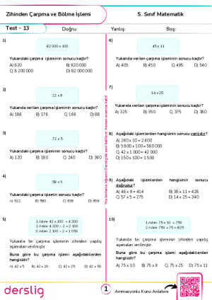 Test 13 - Zihinden Çarpma ve Bölme İşlemi