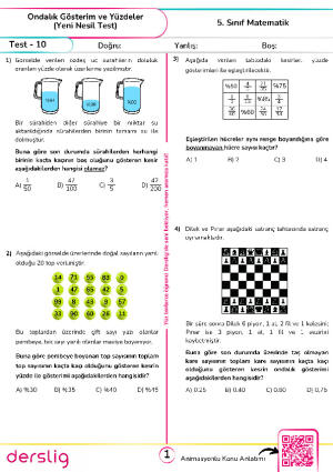 Test - 10 Ondalık Gösterim ve Yüzdeler (Yeni  Nesil)