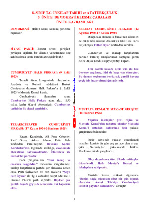 8.Sınıf T.C. İnkılap Tarihi ve Atatürkçülük 5.Ünite Kavramları PDF ders notu