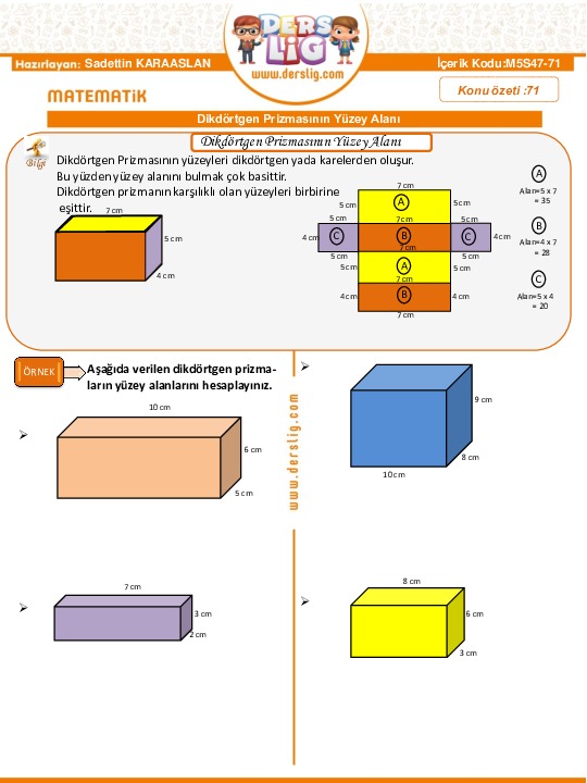 5 Sinif Matematik Dikdortgen Prizmalarin Yuzey Alani Konu Ozeti Derslig