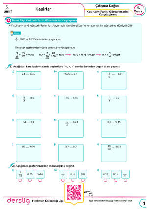 12. Kesirlerin Farklı Gösterimlerini Karşılaştırma Cevap Anahtarı
