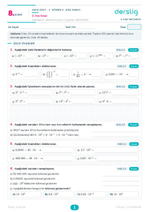 8. Sınıf Süreç Değerlendirme - Matematik 2. Ara Sınav