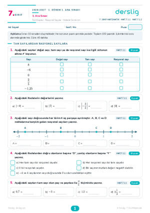 7. Sınıf Süreç Değerlendirme - Matematik 1. Ara Sınav
