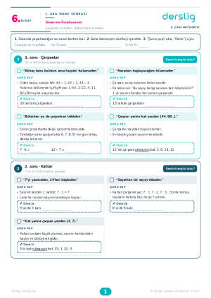 6. Sınıf Süreç Değerlendirme - Sınavımı İnceliyorum (Matematik 1. Ara Sınav)