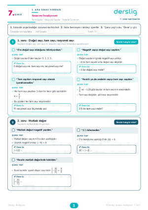7. Sınıf Süreç Değerlendirme - Sınavımı İnceliyorum (Matematik 1. Ara Sınav)