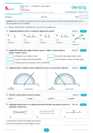 5. Sınıf Süreç Değerlendirme - Matematik 1. Ara Sınav