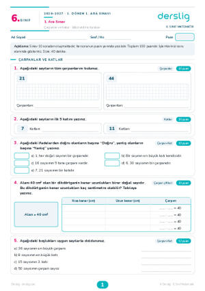 6. Sınıf Süreç Değerlendirme - Matematik 1. Ara Sınav