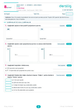 8. Sınıf Süreç Değerlendirme - Matematik 1. Ara Sınav