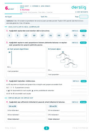 6. Sınıf Süreç Değerlendirme - Matematik 2. Ara Sınav