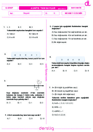 Tam Sayılar Mini Sınav 2 (Mehmet Özdemir)
