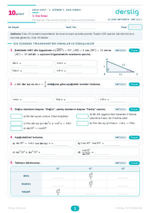 10. Sınıf Süreç Değerlendirme - Matematik 1. Ara Sınav