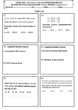 1.Dönem 2.Yazılı Sınavı(Matematik Uygulama)