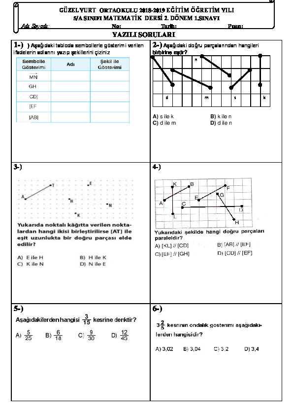 5. Sınıf Matematik 2.Dönem 1.Yazılı Sınavı(Matematik) Yazılı Örneği