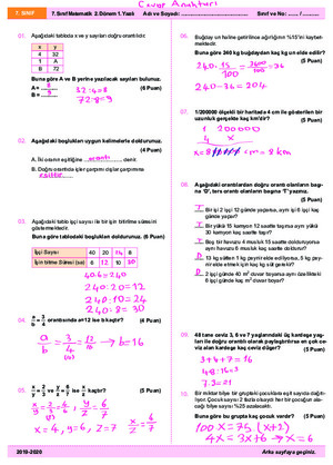 7. Sınıf Matematik  2. Dönem 1. Yazılı Cevaplar
