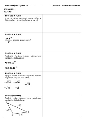 8.Sınıf Matematik Yazılı Sınavı