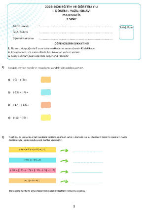 7. Sınıf 1. Dönem 1. Yazılı Sınavı (1.Senaryo)
